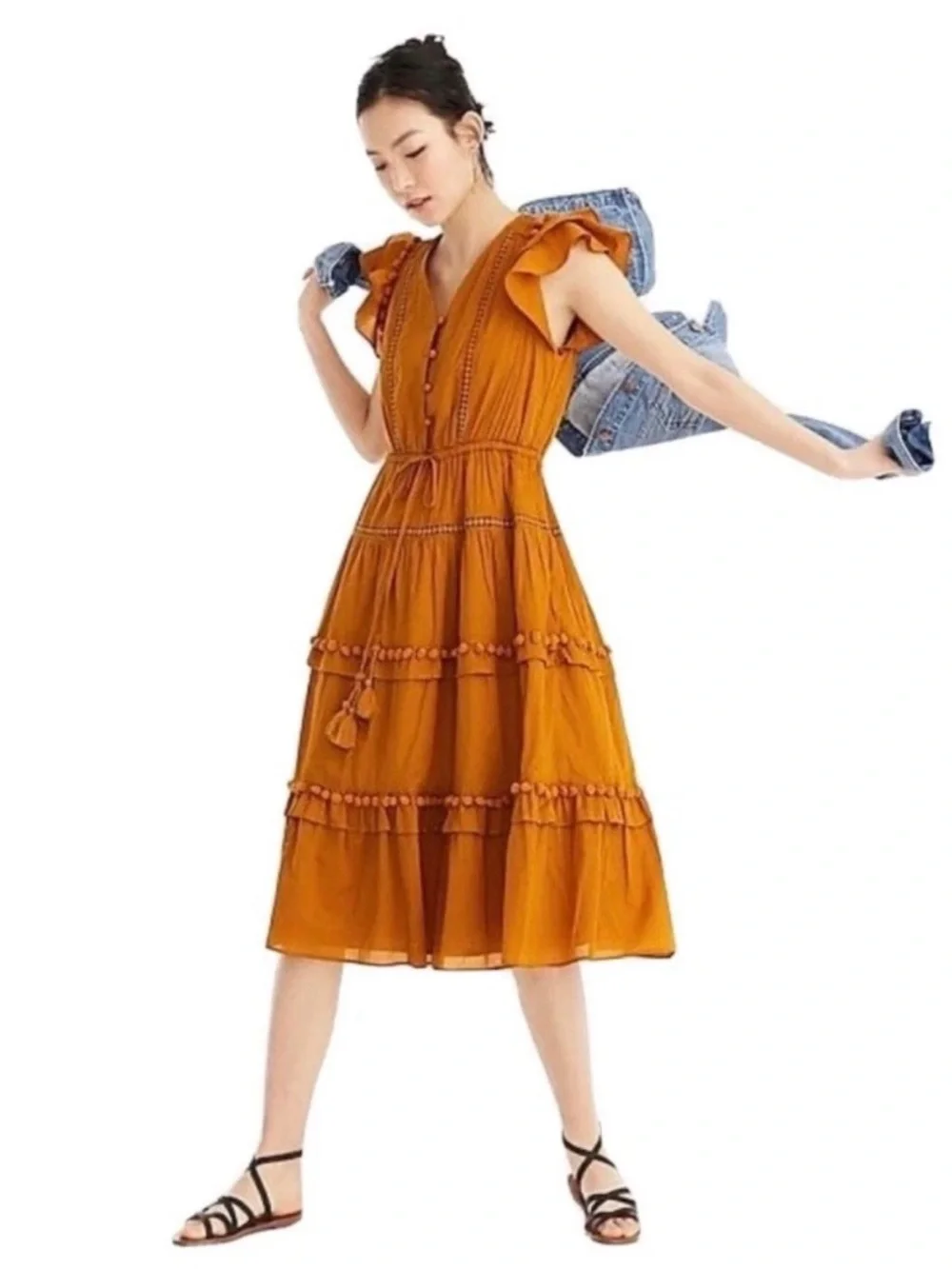 J.Crew Point Sur Pom-Pom Flutter Sleeve Cotton Midi Dress